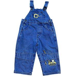 Vintage Boys 2T Blue Denim Overalls With Construction Truck Embroidery Adjustabl